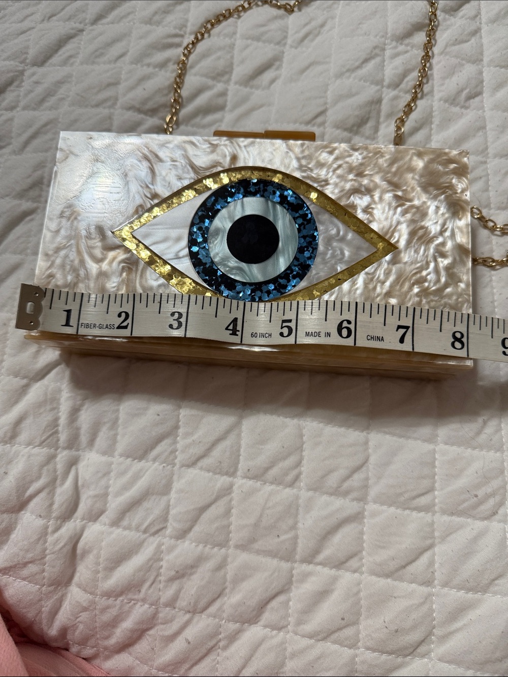 Pearlescent White Evil Eye Clutch with Gold Chain